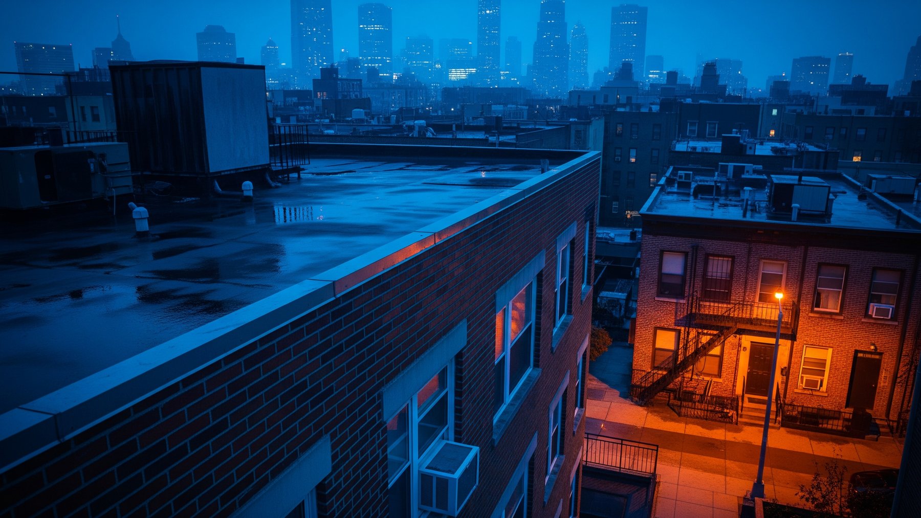 window air conditioner on brick apartment at night showing urban heat island effect, cities summer nights
