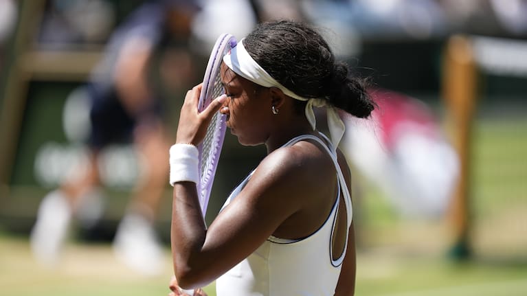 Coco Gauff reacts to losing a point against Muchova during their semifinal match.