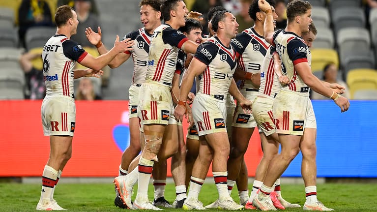 Cody Ramsey of the Roosters celebrates after scoring a try during the round 22 NRL match between North Queensland Cowboys and Sydney Roosters at Qld Country Bank Stadium, on July 30, 2026, in Townsville, Australia.