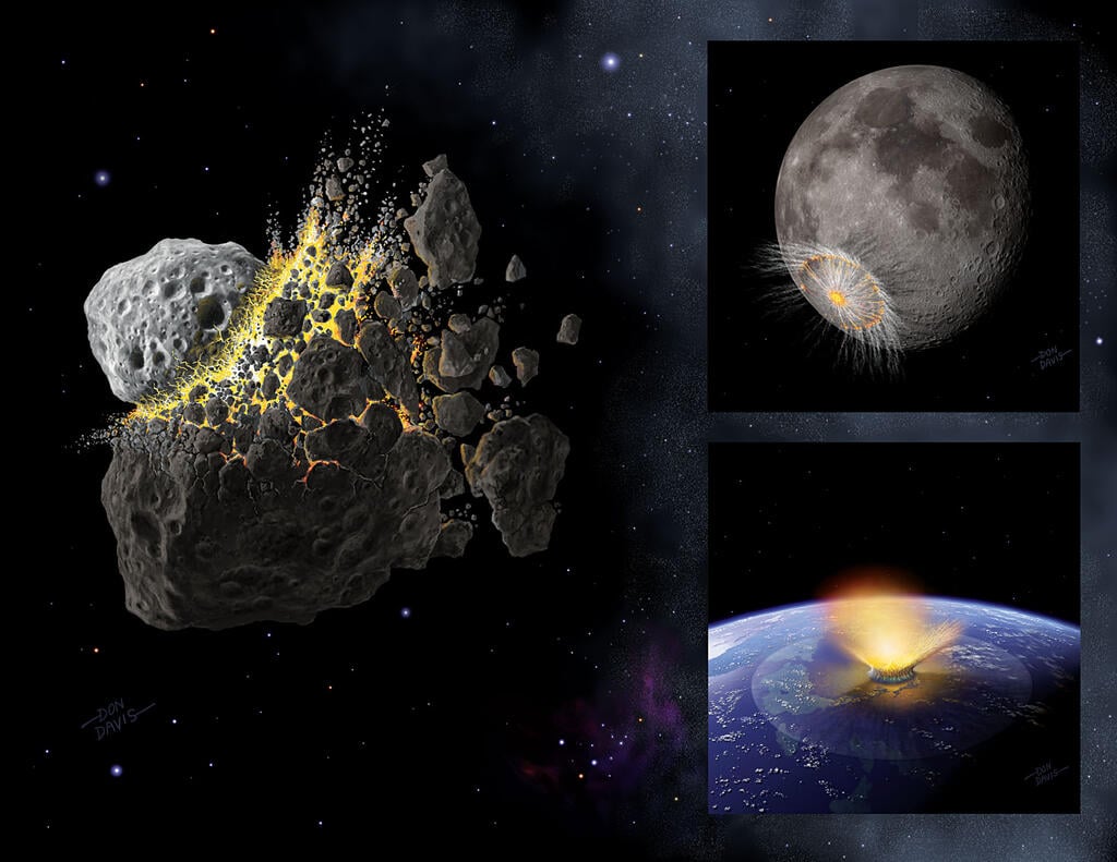 Artist's depicion of the cause and consequnece of the Eulalia asteroid catastrophe. Credit - SwRI/Don Davis