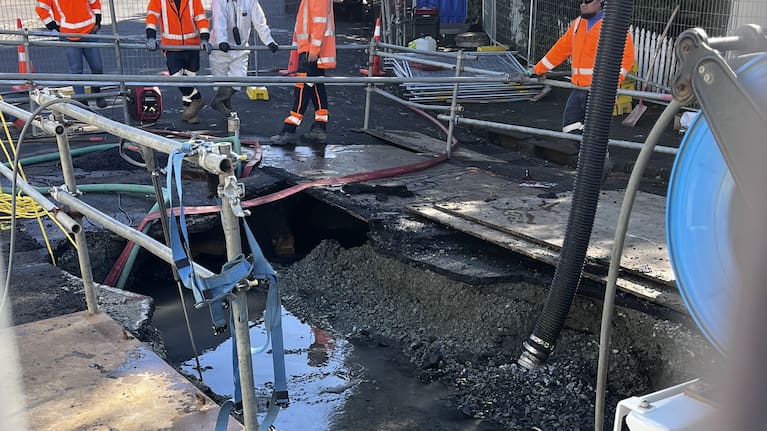 Crews working at the site on Monday.