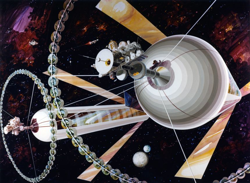 Concept art illustrates an O'Neill colony, or O’Neill cylinder. The modules shown on the large ring structure around the endcap would be used for agriculture.