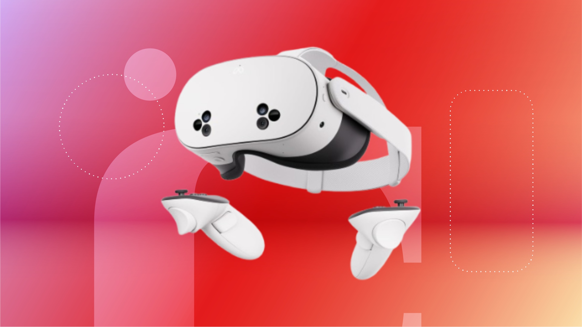 Meta Quest 3s VR headset displayed against a gradient pink and orange background