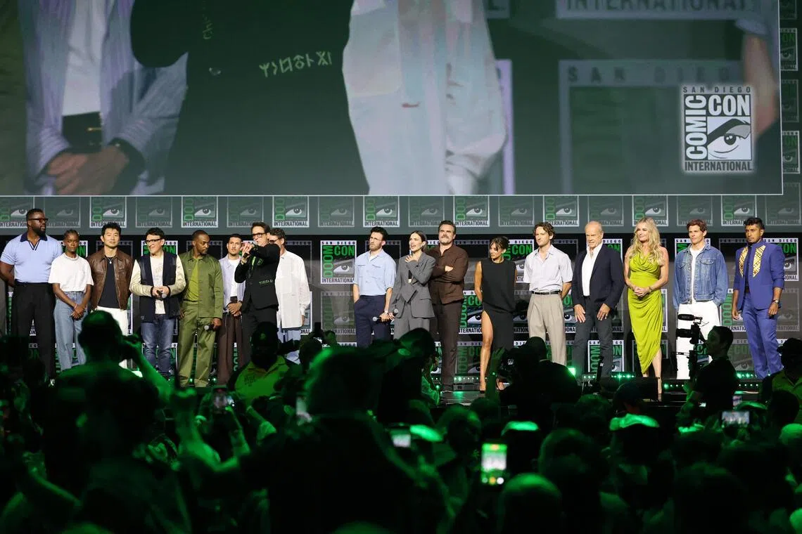 (From left) Winston Duke, Letitia Wright, Simu Liu, Anthony Russo, Anthony Mackie, Danny Ramirez, Robert Downey Jr, Chris Evans, Hayley Atwell, David Harbour, Hannah John-Kamen, Lewis Pullman, Kelsey Grammer, Rebecca Romijn, James Marsden and Tenoch Huerta on stage at Marvel Studios’ Comic-Con International on July 25, in San Diego, California.