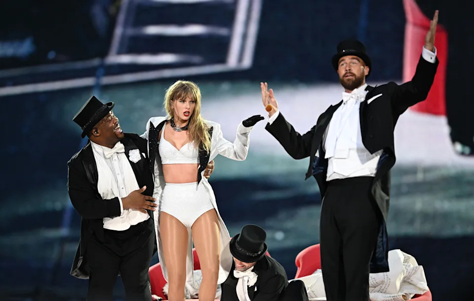 Kelce also supported Swift’s career, even joining her on stage during an Eras Tour stop for a skit (as seen here in June 2024). Gareth Cattermole/Getty Images for TAS Rights Management