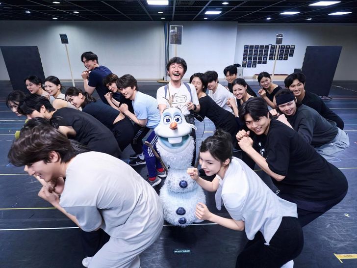 The Korean cast of the musical “Frozen,” featuring Han Gyu-jung as Olaf, Shin Jae-beom as Kristoff and Park Jin-joo as Anna rehearse in Seoul, July 7. Courtesy of S&Co