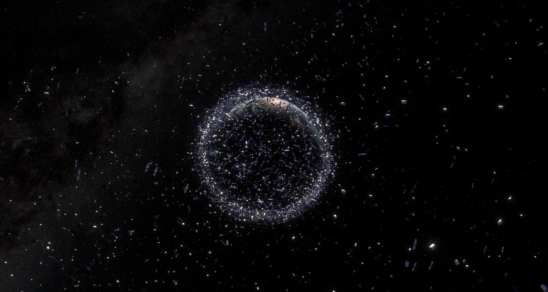 an illustration of Earth surrounded by thousands of bright dots