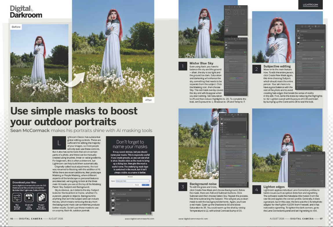 Image showing the Fundamentals tutorial in issue 310 (August 2026) of Digital Camera magazine, showing how to use simple masks to boost your outdoor portraits