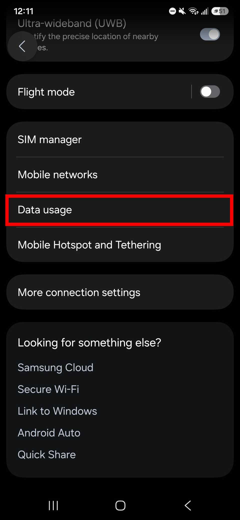 Red rectangle outline highlighting Data usage in Connection settings