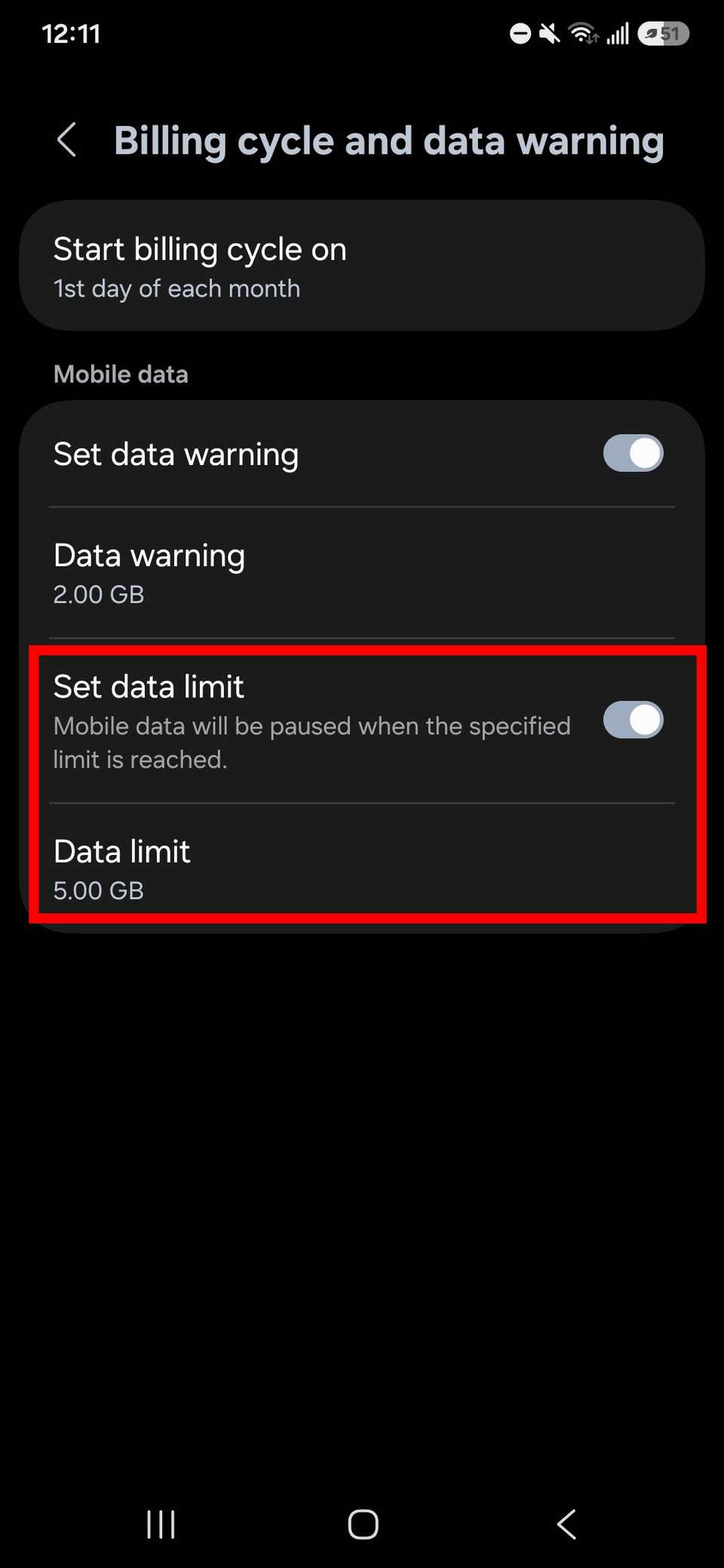 Red rectangle outline highlighting Set data limit toggle and Data limit