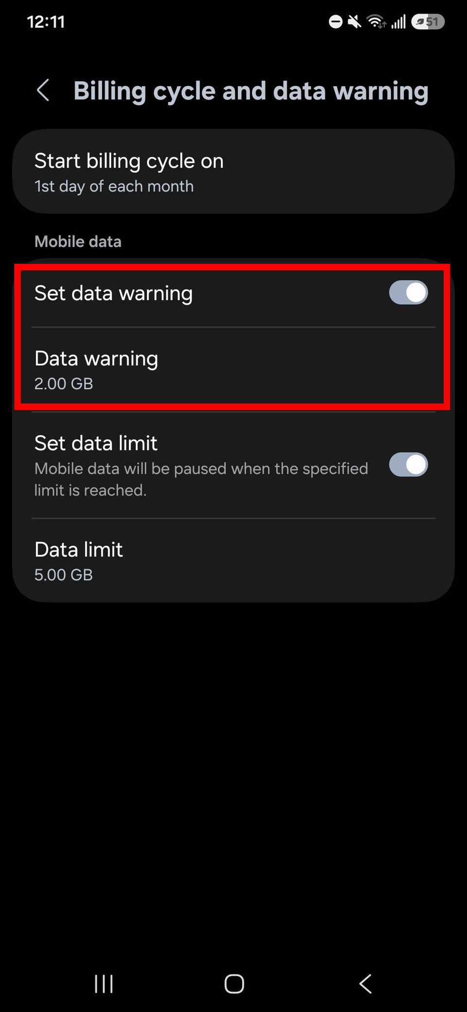 Red rectangle outline highlighting Set data warning toggle and Data warning