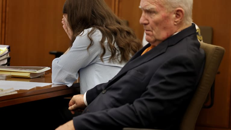 Defence attorney Kevin Reddington and Lindsay Clancy listen to the 911 recording from January 24, 2023, during Clancy's murder trial at Plymouth Superior Court in Plymouth.