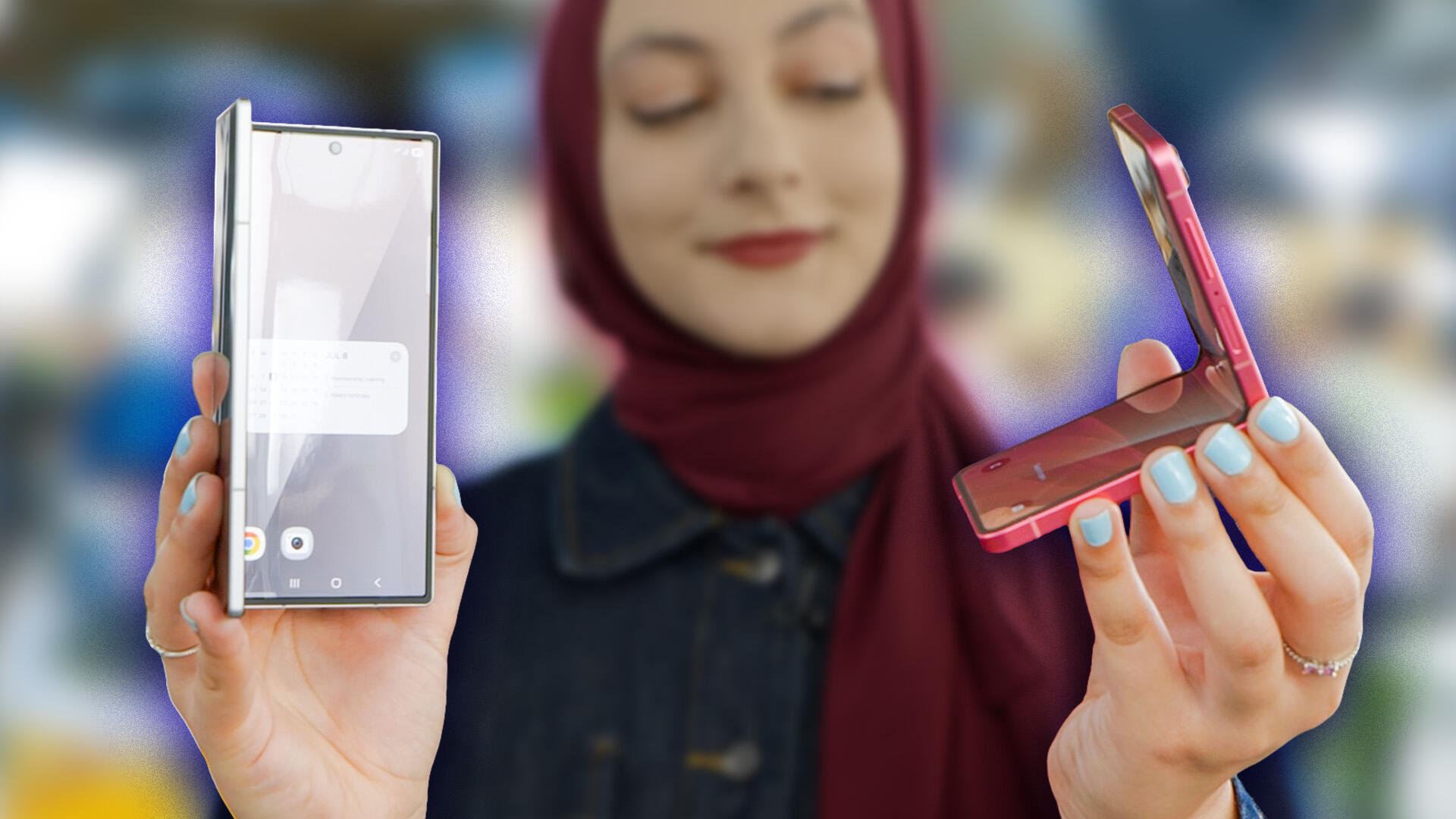 A woman in a red headscarf holding the Samsung Galaxy Z Fold 7 and Z Flip 7