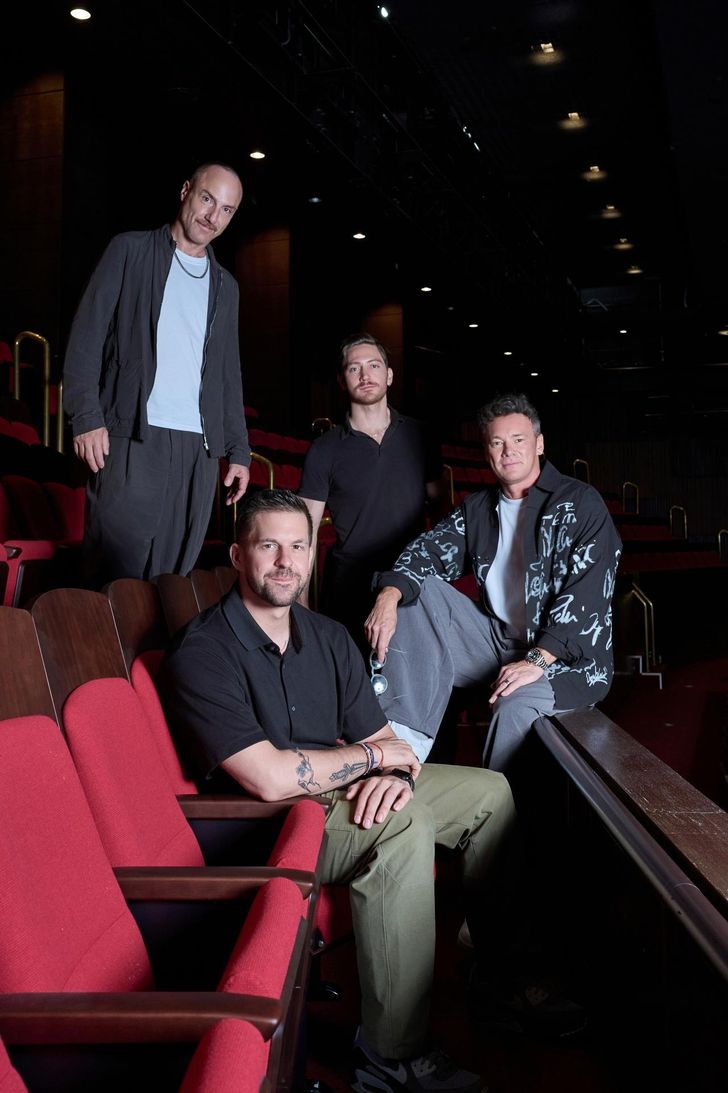 Members of the musical's production team for the Korean premiere pose at Charlotte Theater in Seoul, Wednesday. From left are associate music supervisor Sebastian de Domenico, associate choreographer Charlie Williams, associate physical movement coordinator Adam Jepson and associate director Adrian Sarple. Courtesy of S&Co