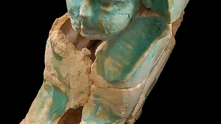 In this photo provided Saturday, July 4, 2026, by Ministry of Tourism and Antiquities, a recently discovered artifact is displayed in the Marina el-Alamein archaeological site, west of the Mediterranean city of Alexandria, Egypt