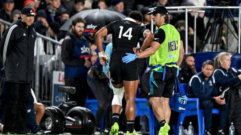 Emoni Narawa walks from the Eden Park pitch after his rib injury.