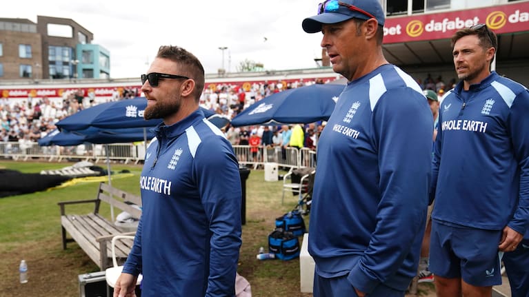 England head coach Brendon McCullum attends a nets session in Nottingham, England, Monday July 6, 2026.