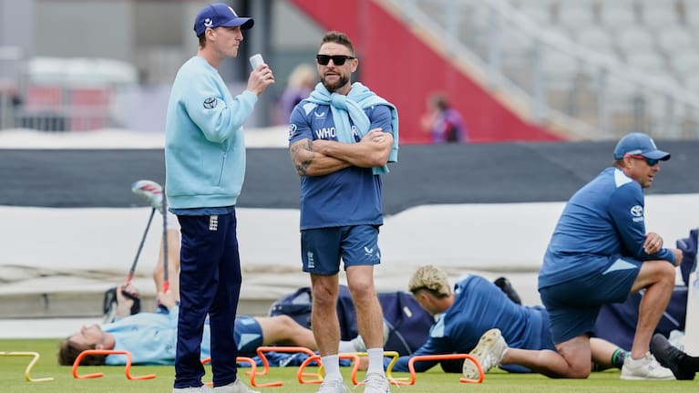 England head coach Brendon McCullum attends a nets session in Nottingham, England, Monday July 6, 2026.