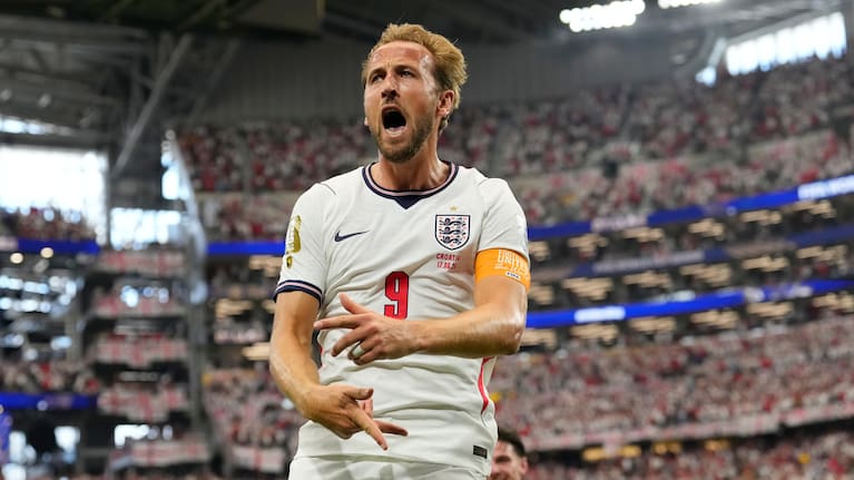 England's Harry Kane (9) celebrates after scoring a goal during the World Cup Group L match between England and Croatia in Arlington, Texas, near Dallas, Wednesday, June 17, 2026.