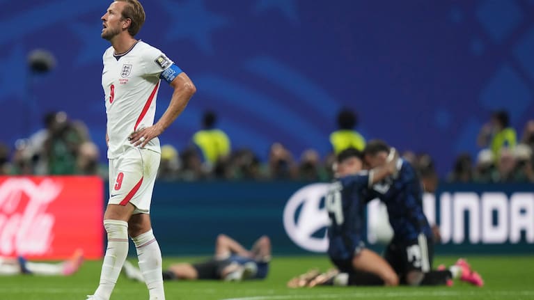 England's Harry Kane (9) reacts after the World Cup semifinal match between England and Argentina in Atlanta.
