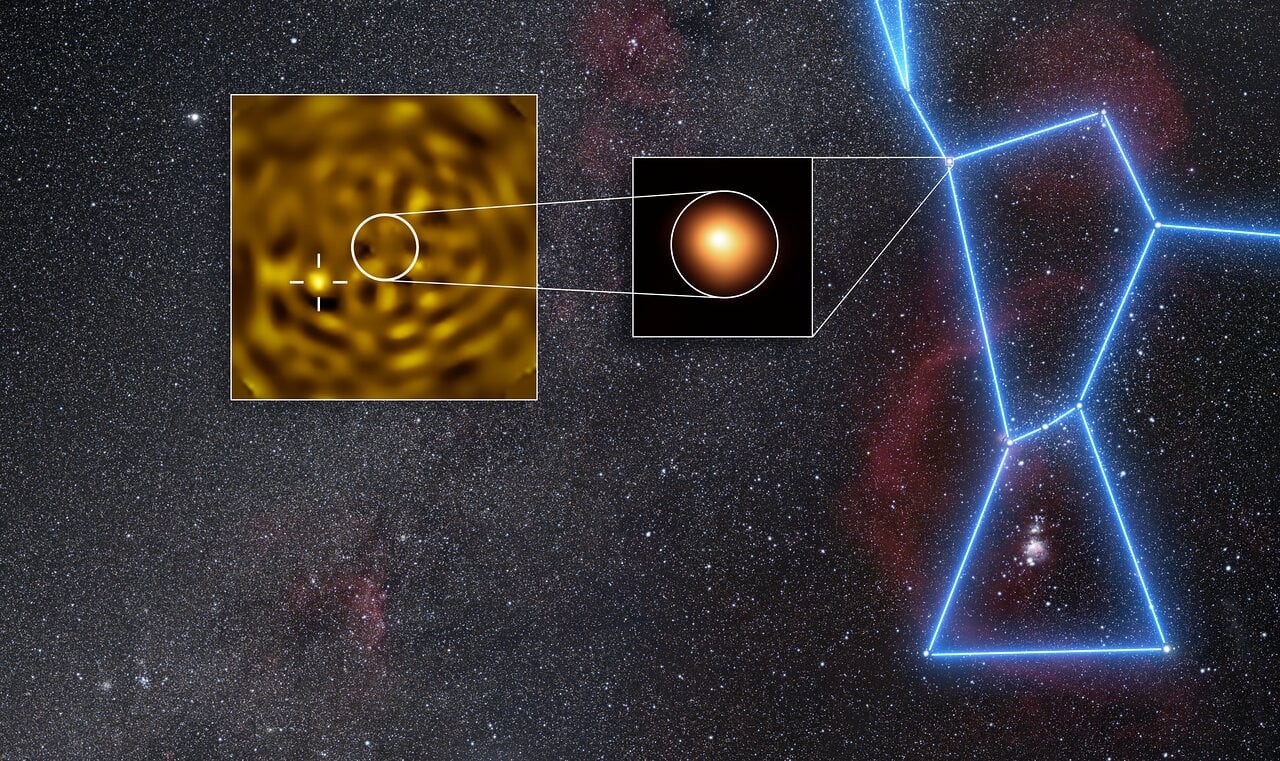 Betelgeuse is the red supergiant star in the shoulder of Orion. For decades, astronomers have suspected that Betelgeuse has a companion star orbiting around it. The image in the middle inset in this image was taken in January 2019 with the SPHERE instrument at ESO’s VLT, and shows Betelgeuse itself. The image in the inset on the left was taken in December 2024, when the companion was predicted to be furthest apart from Betelgeuse as seen from Earth. In this inset, Betelgeuse has been removed, revealing a source (marked with a crosshair) consistent with being Betelgeuse B. Credit: ESO/M. Montargès et al. Background: N. Rissinger (skysurvey.org)