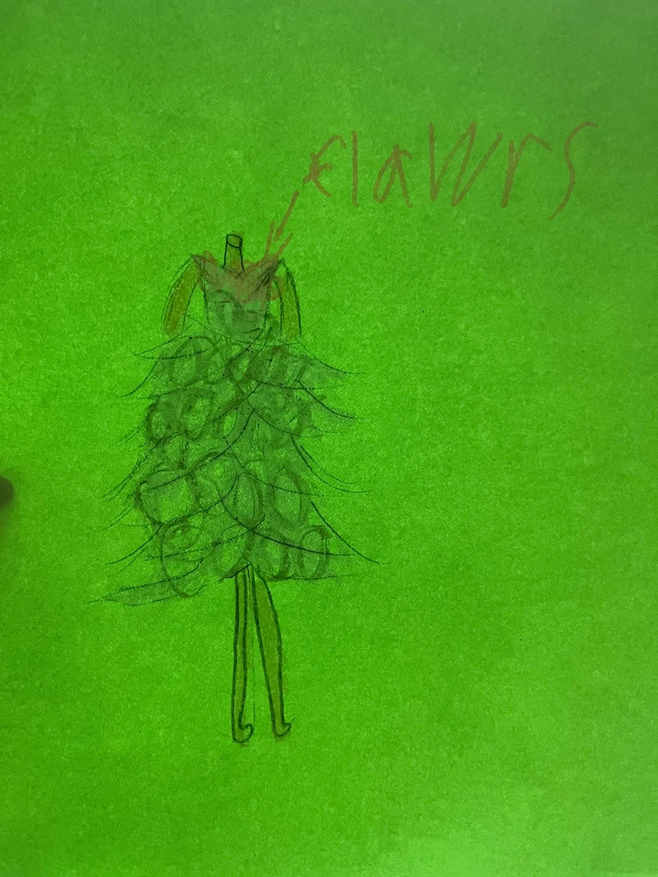 A child's drawing of a short wedding dress on a mannequin. The dress has a layered skirt decorated with large flower shapes, and the handwritten label "flowers" points to the floral embellishments.