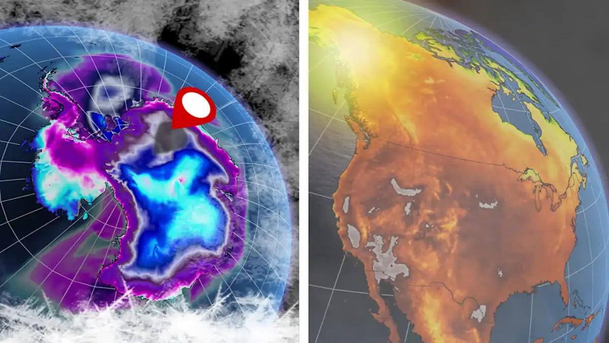 Satellite images showing Arctic cold temperatures and North American temperature rise.