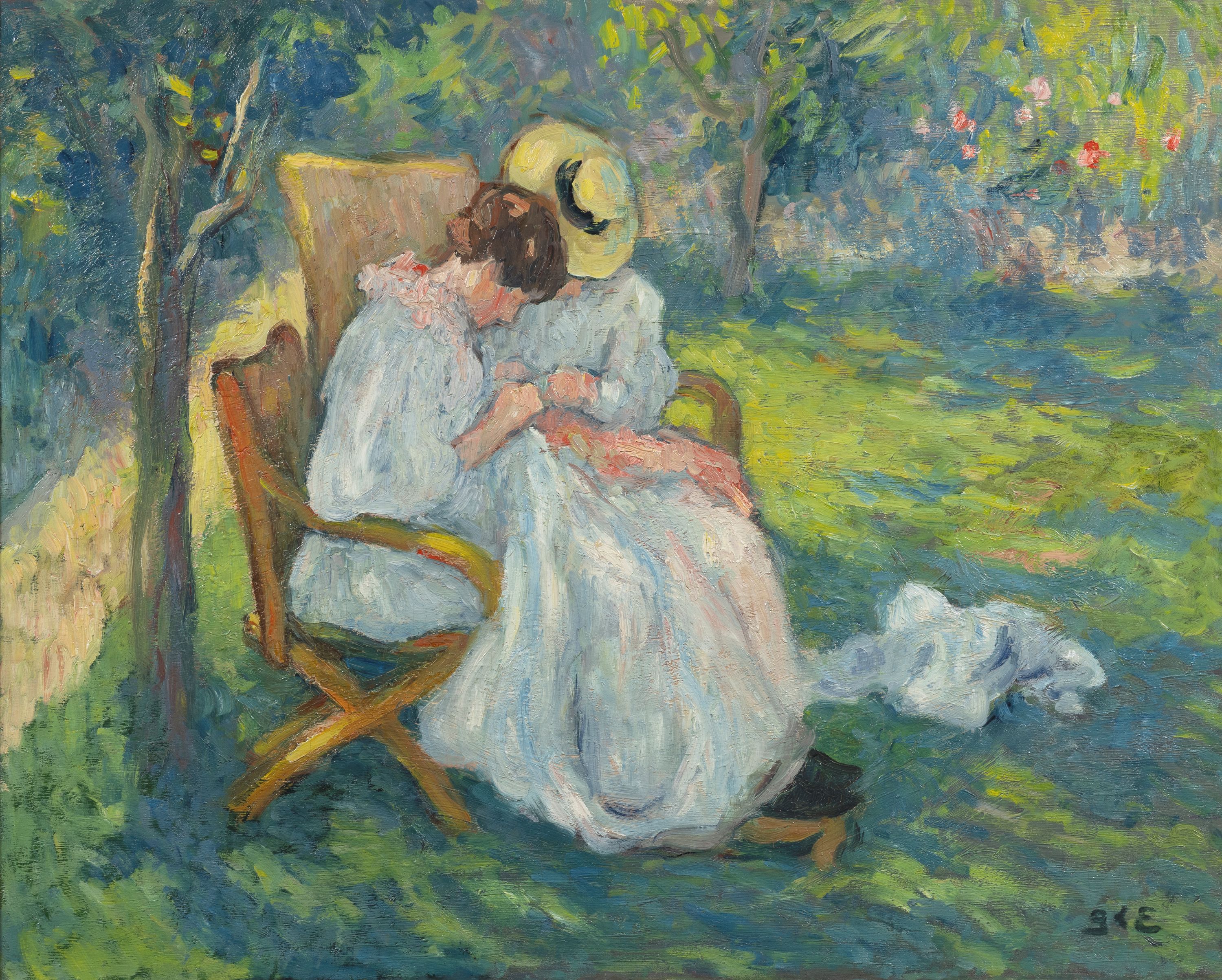 Women sewing in the garden by Georges d'Espagnat, showing two women seated outdoors, with their heads down.