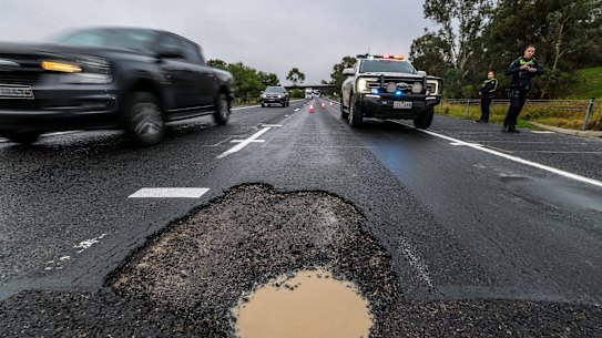 A pothole on the Hume Highway last week caused five cars to suffer flat tyres in rapid succession. There is anger in regional Victoria about the condition of the roads.