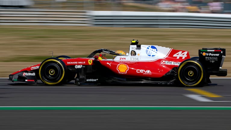 Ferrari driver Lewis Hamilton of Britain steers his car during the qualifying session for the sprint race at the British F1 Grand Prix, in Silverstone, England, Friday, July 3, 2026.