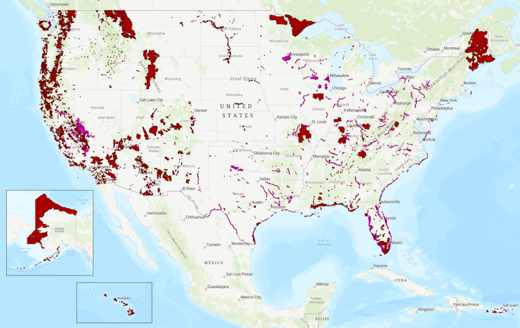 Map showing large areas marked as critical habitat along the Pacific US coast and in Maine. Also along the Alaska coast.