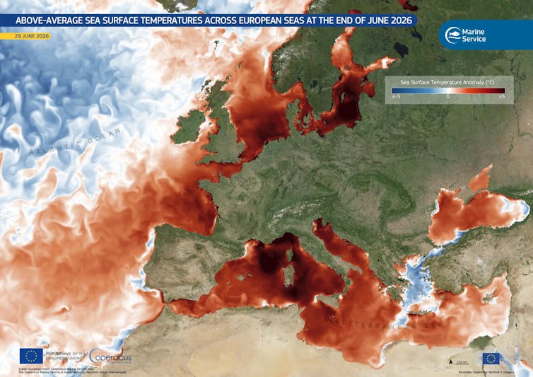 map of Europe and North Africa showing sea surface temperature anomalies.