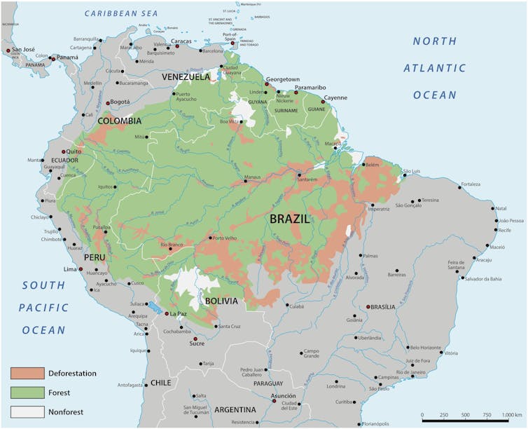 A map showing the location of the Amazon rainforest in South America.