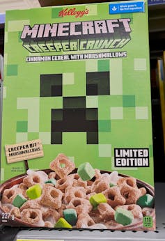 A box of Minecraft Creeper Crunch limited edition cereal, with creeper bit marshmallows.
