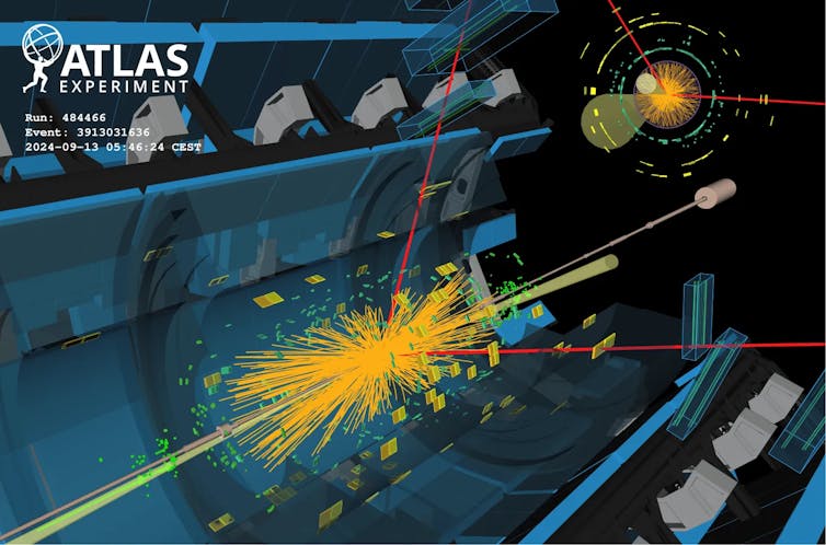 A visualisation of the Higgs boson particle decaying to two muons inside the Atlas experiment.