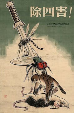 Poster depicting a sword speared through a mosquito, fly, sparrow and rat, with Chinese characters reading 'Exterminate The Four Pests!'