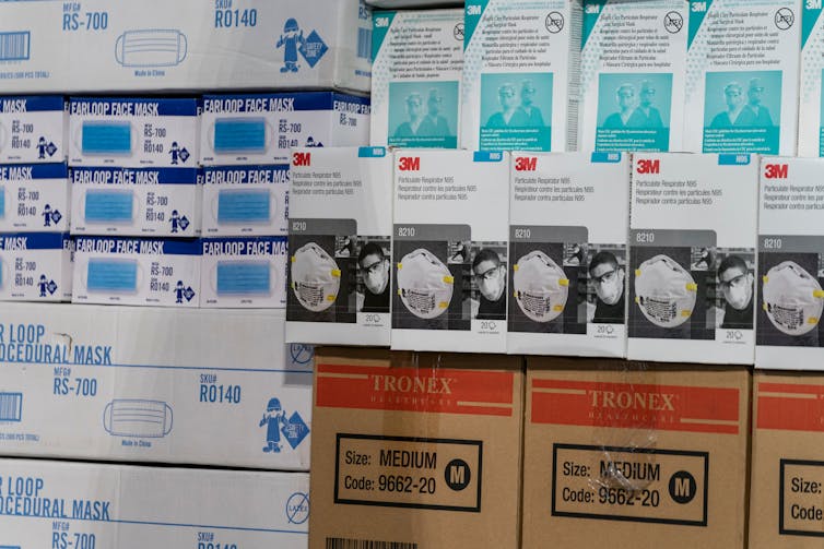Boxes of new PPE supplies.