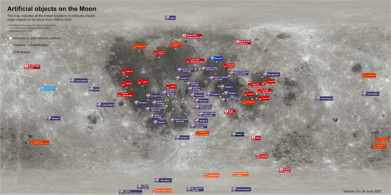 Map of the Moon showing locations of human-made artefacts.