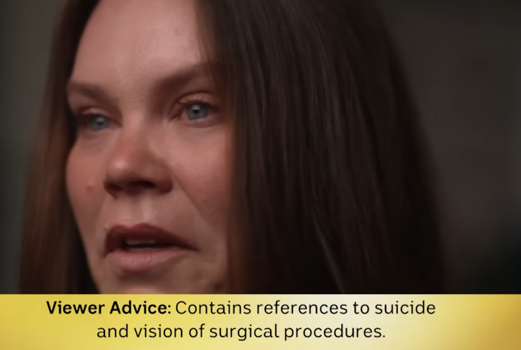 An image from the Four Corners episode of Scarred shows a woman being interviewed and content warnings.