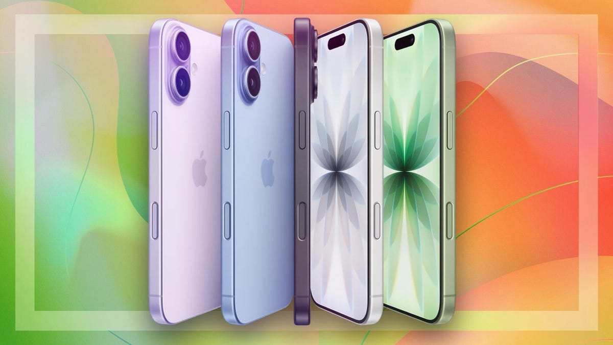 Five iPhone 17 handsets in multiple colors on a red and green background