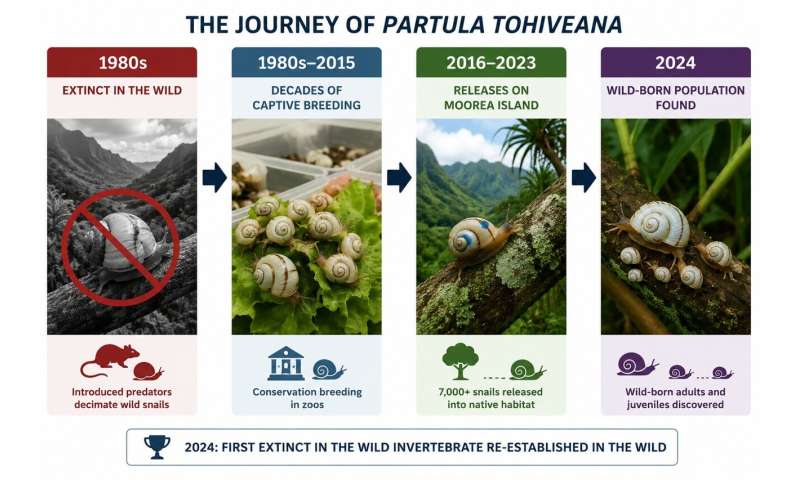 Simple timeline illustrating the conservation journey of Partula tohiveana: wild population disappears in the 1980s, decades of captive breeding in zoos, large-scale reintroductions beginning in 2016, and the discovery of a wild-born, multi-generational population on Moorea in 2024, marking the species' return to its natural habitat. Credit: Generated by AI for illustrative purposes Forty years after disappearing from the wild, this tiny snail returned with an unexpected surprise for scientists