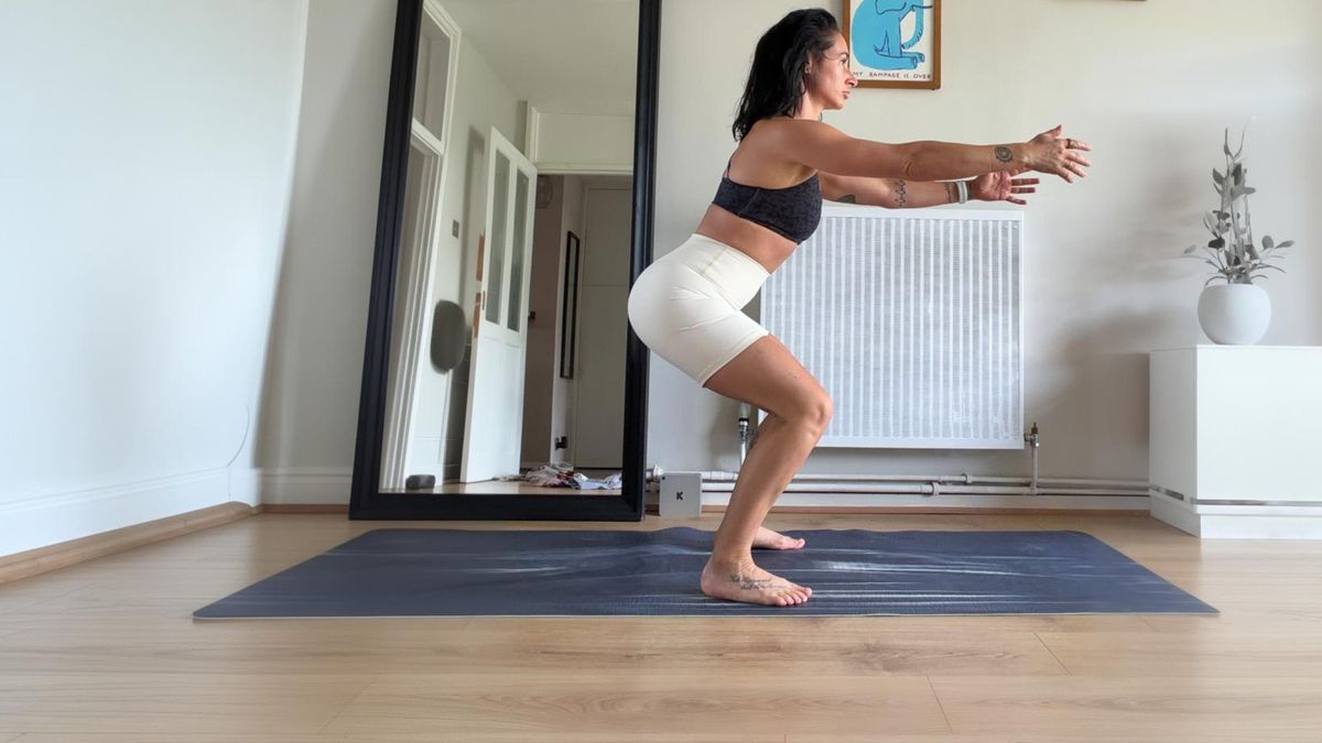Sam performing a squat in two different scenarios one before an ankle mobility series and one after at home