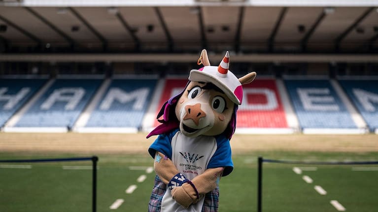 Glasgow 2026 mascot Finnie at an event at Hampden stadium during the King's Baton Relay on July 22, 2026 in Glasgow.