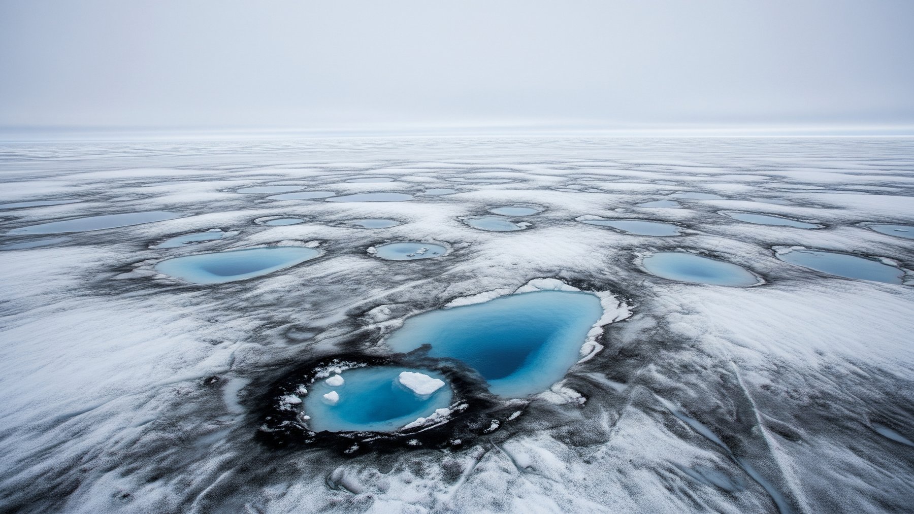 dark dirty ice and meltwater ponds spreading across the Greenland ice sheet surface, greenland lost 105