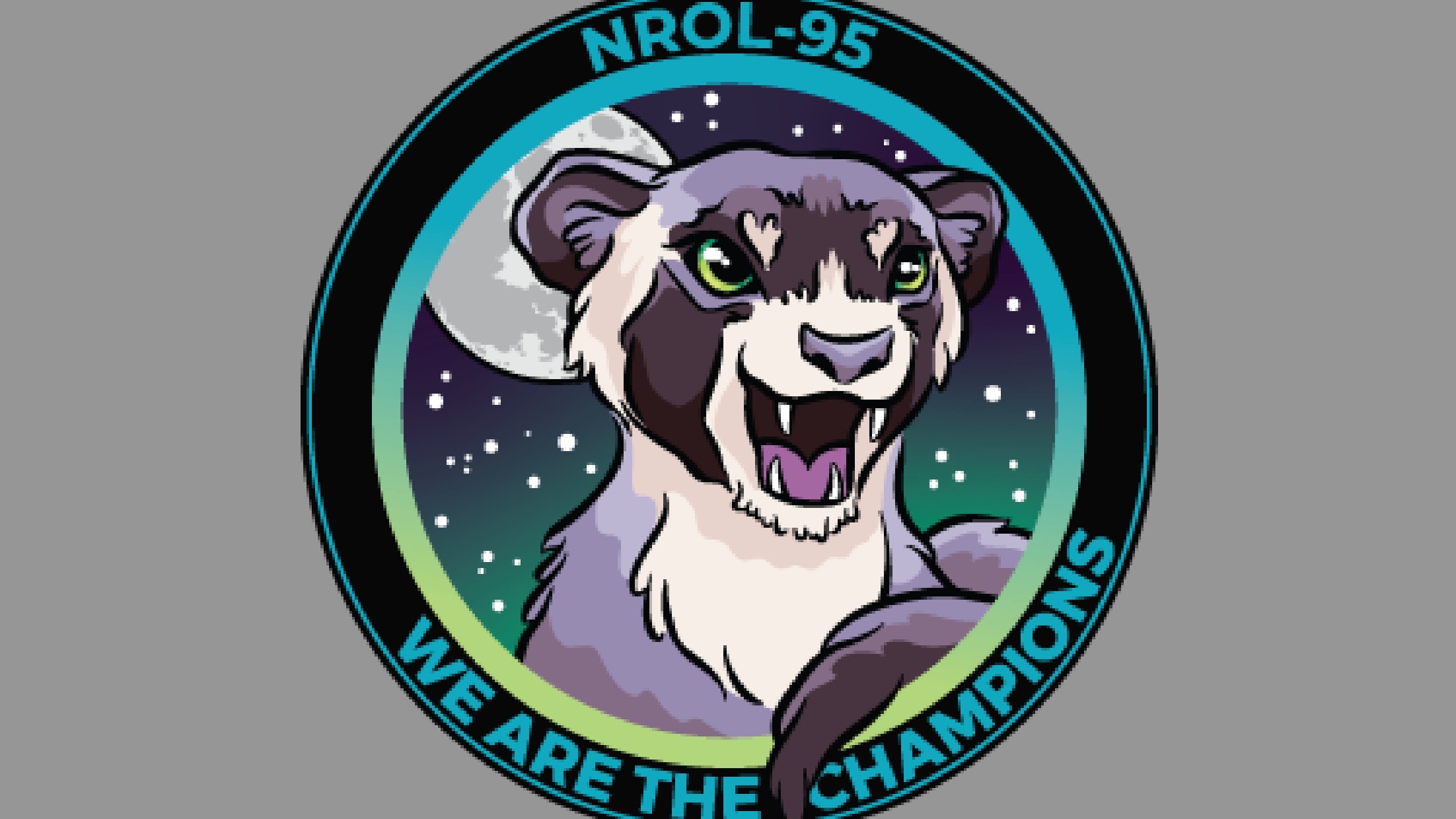 circular space mission patch showing a snarling ferret with the words "we are the champions" beneath it