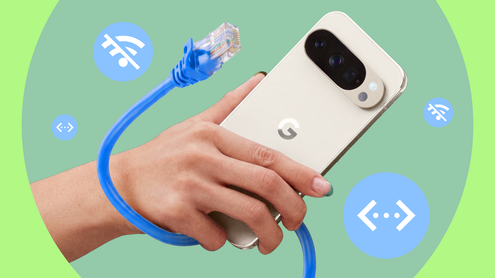 Hand holding a phone with a blue Ethernet cable wrapped around it and no Wi-Fi icons on a green background