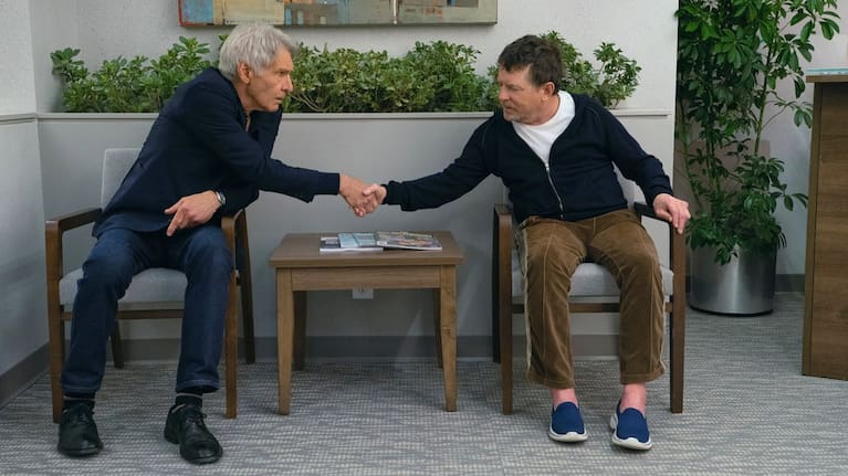 Harrison Ford, left, and Michael J. Fox in a scene from Shrinking. (Source: Apple TV+ via AP)