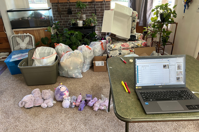 Organizing her hippo merchandise