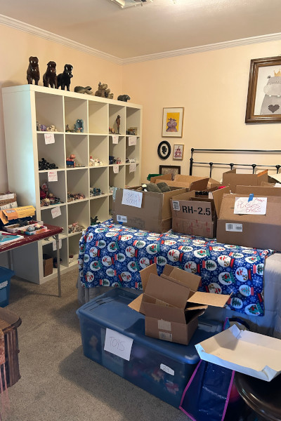 Shelves and boxes of her hippo merchandise