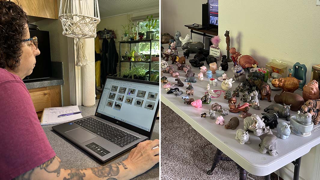 Split image of Sheri itemizing her collection, and some of her hippos lined up